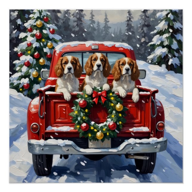 Póster Cavalier King Charles Spaniel Christmas Red Truck (Anverso)
