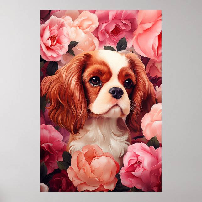 Póster Cavalier King Charles Spaniel en Rosas (Frente)