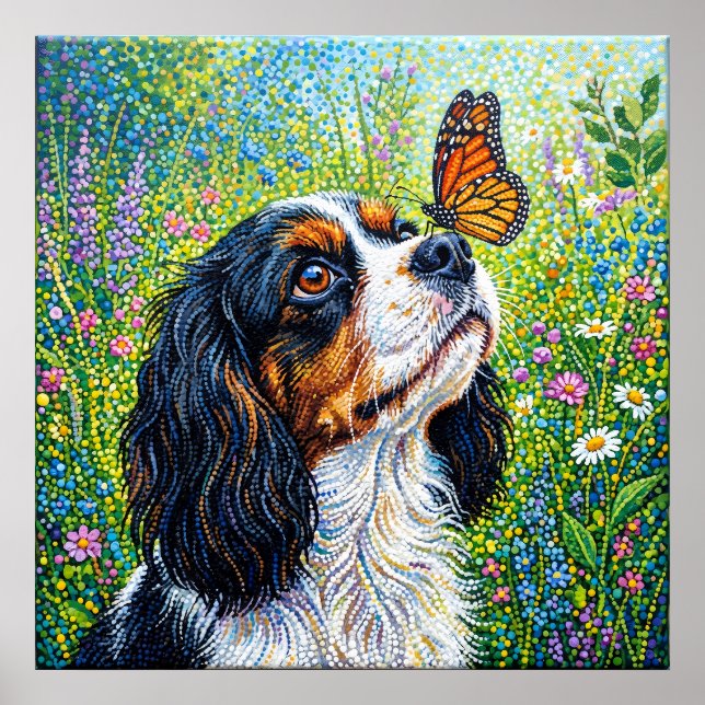 Póster Cavalier King Charles Spaniel Jardín de Mariposas  (Frente)