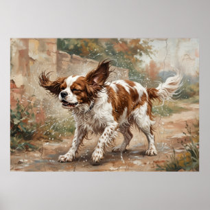 Póster Cavalier King Charles Spaniel jugando en el jardín