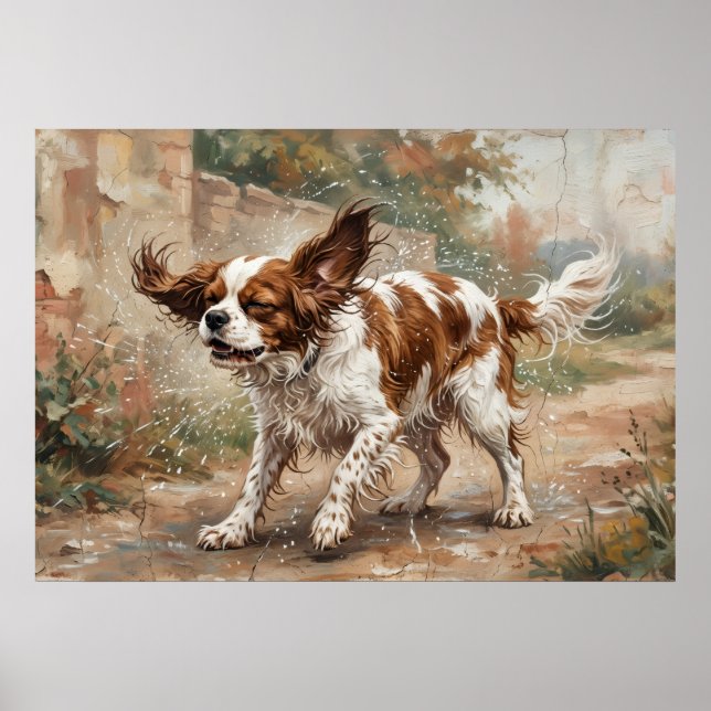 Póster Cavalier King Charles Spaniel jugando en el jardín (Frente)