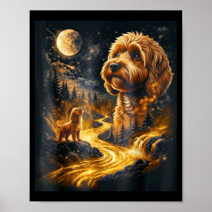 Póster Cavapoo aullando a la luna retro animal vintage