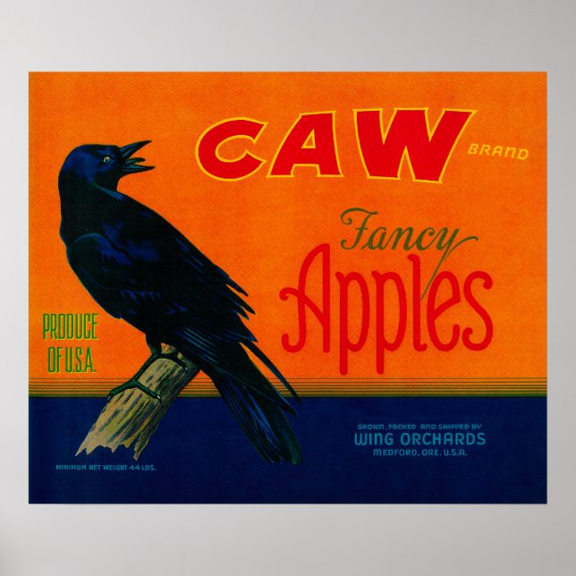 Póster Caw Apple Crate LabelMedford, OR (Frente)