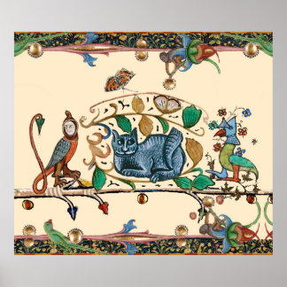 PÓSTER CAZA BESTIARIA MEDIEVAL EXTRAÑA CAT, BIRD, FALCON