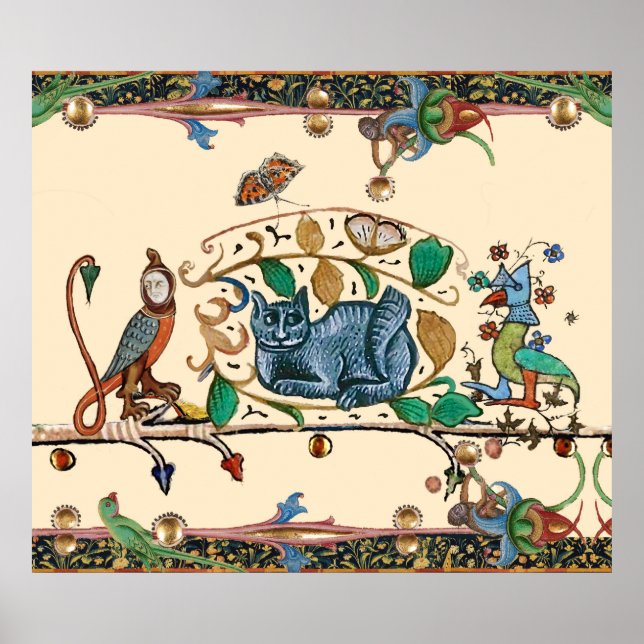 PÓSTER CAZA BESTIARIA MEDIEVAL EXTRAÑA CAT, BIRD, FALCON (Frente)