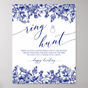 Póster Caza de anillo floral azul de la marina Rótulo de