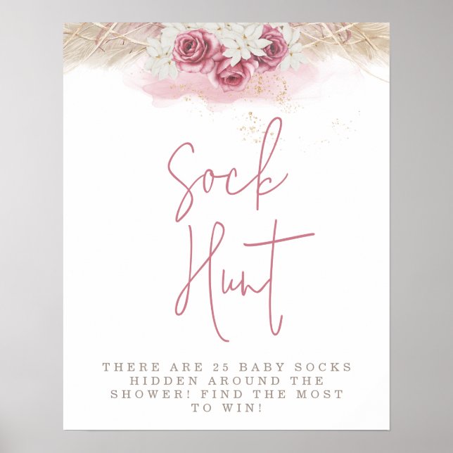 Póster Caza de calcetines de Baby Shower de Rosas Rosadas (Frente)