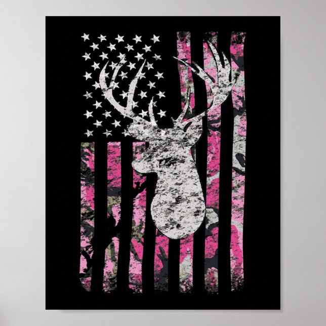 Póster Caza de ciervos Camo Bandera Americana Pink Buck (Frente)