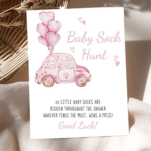 Póster Caza de ganado bebé caza de coches rosados Globos  (Baby Sock Hunt baby shower game poster - available printed or digital - by Darling & May)