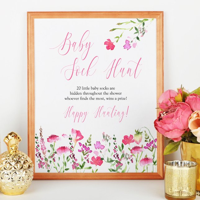 Póster Caza de ganado bebé juego de Baby Shower de flores (Baby Shower Game Sign from my Pink Wildflower Collection. Message me for co-ordinating items.)