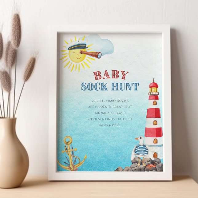 Póster Caza de ganado bebé juego de Baby Shower nautico l (Baby Sock Hunt Sign - printed or digital - from my Ahoy it's a boy Nautical Baby Shower collection)