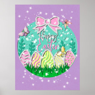 Póster Caza de huevos de Pascua adorable y mariposas colo