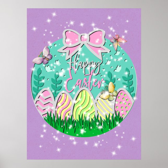 Póster Caza de huevos de Pascua y mariposas coloridas (Frente)
