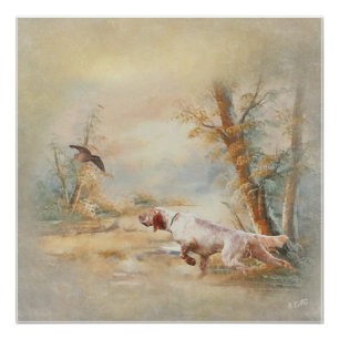 Póster Caza de Woodcock con clasificador inglés en el bos