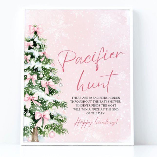 Póster Caza del Pacificador Baby Shower del árbol de navi (Pink Bow Christmas Tree Baby Shower Pacifier Hunt Game Sign)