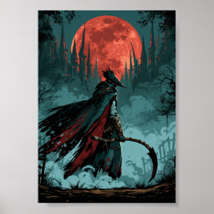 Póster Cazador de fantasía oscura con guadaña y luna roja
