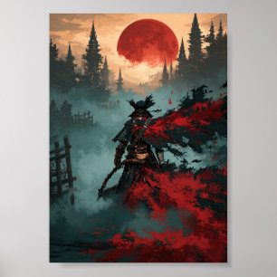 Póster Cazador de fantasía oscura con guadaña y luna roja