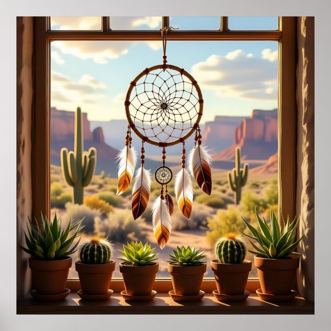Póster Cazador de sueños, cañones del desierto, cactus (Frente)