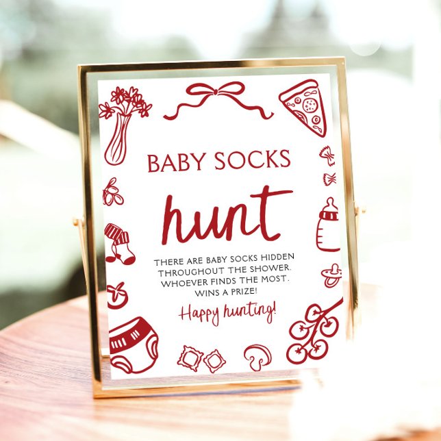 Póster Cazas de bebé italianas de mano para cazar Baby Sh (Hand Drawn Italian Baby Socks Hunt Baby Shower Sign)