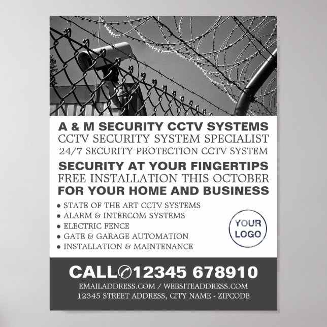Póster CCTV y alambre de púas, publicidad de seguridad de (Frente)