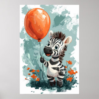 Póster Cebra Cuta con Naranja Balón Whimsical Illustrat