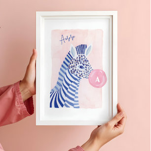 Póster Cebra de Acuarela Azul de Animal Soplando Burbuja 
