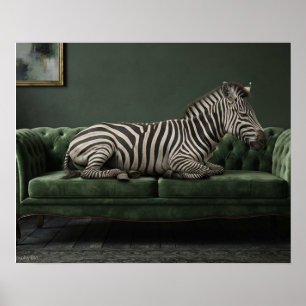Póster Cebra elegante en sofá de terciopelo verde