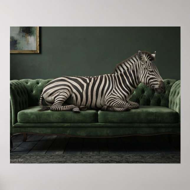 Póster Cebra elegante en sofá de terciopelo verde (Frente)
