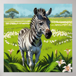 Póster Cebra joven en pintura de campo de flores de Lily