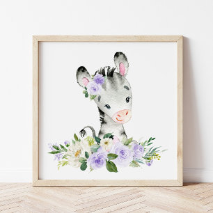 Póster Cebra, Safari, flores moradas, género neutro