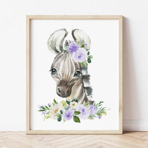 Póster Cebra, Safari, Flores Moradas, Sin Género