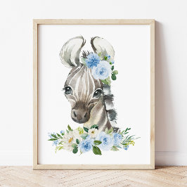 Póster Cebra, Safari, Jungla, Flores Azules, Habitación d