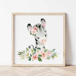 Póster Cebra, Safari, jungla, flores rosas, guardería Chi