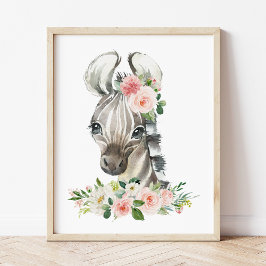 Póster Cebra, Safari, jungla, flores rosas, guardería Chi