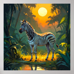 Póster Cebra vibrante en la jungla con pintura al atardec