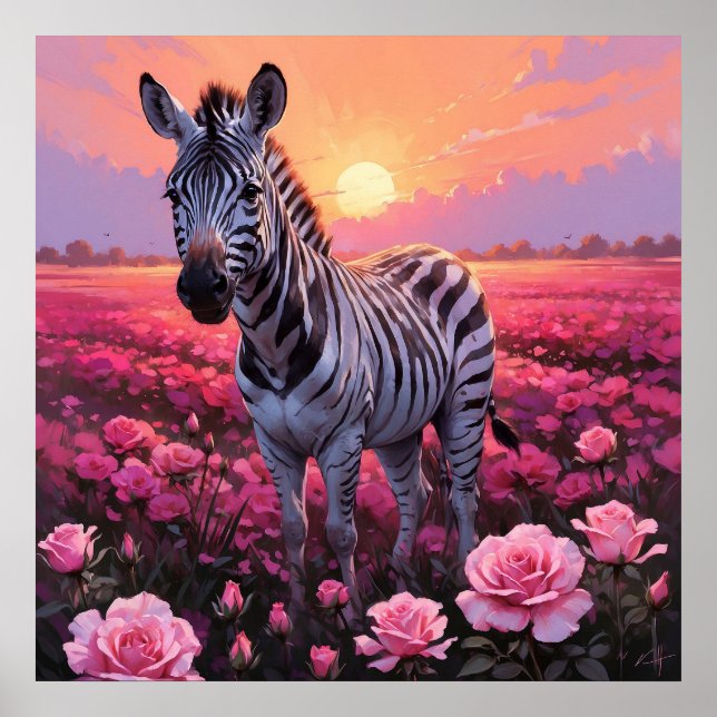 Póster Cebra vibrante en pintura rosa de campo rosa (Frente)