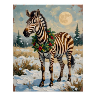 Póster Cebra Vintage en Campo Nevado de Navidad