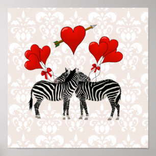 Póster Cebras y corazones en damasco rosa