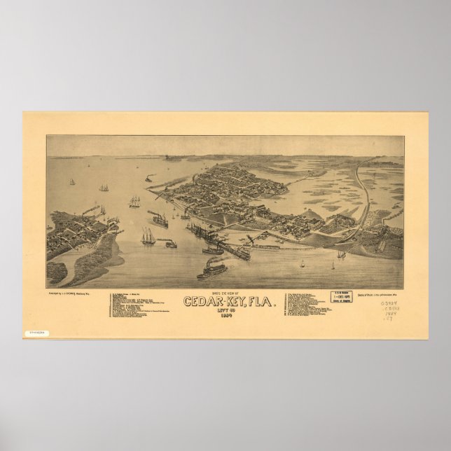 Póster Cedar Key Florida 1884 Mapa Panorámico Antiguo (Frente)