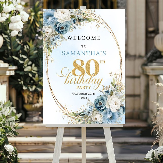 Póster Celebra la rusticidad verde oro 80 cumpleaños bien (Celebrate Rustic greenery gold 80th birthday welcome)