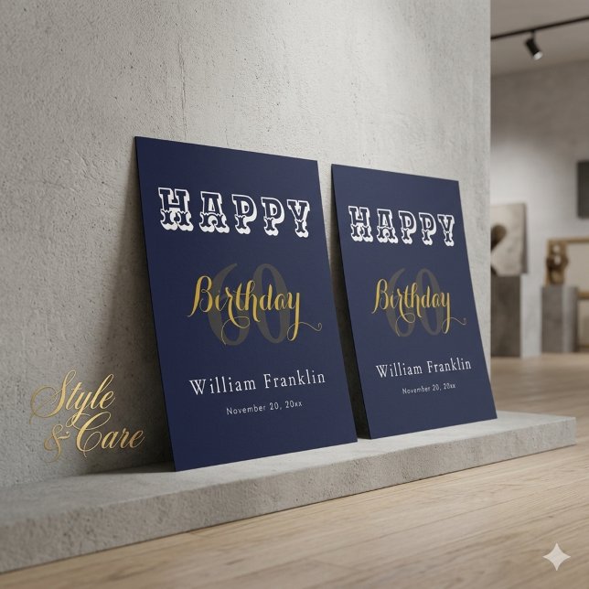 Póster Celebración de Cumpleaños 60 con Brillo Azul Marin (Navy Blue 60th Birthday Party Celebration Glossy Poster)