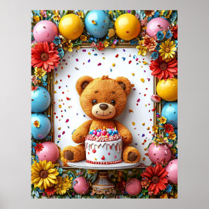 Póster Celebración de cumpleaños adorable con oso de pelu