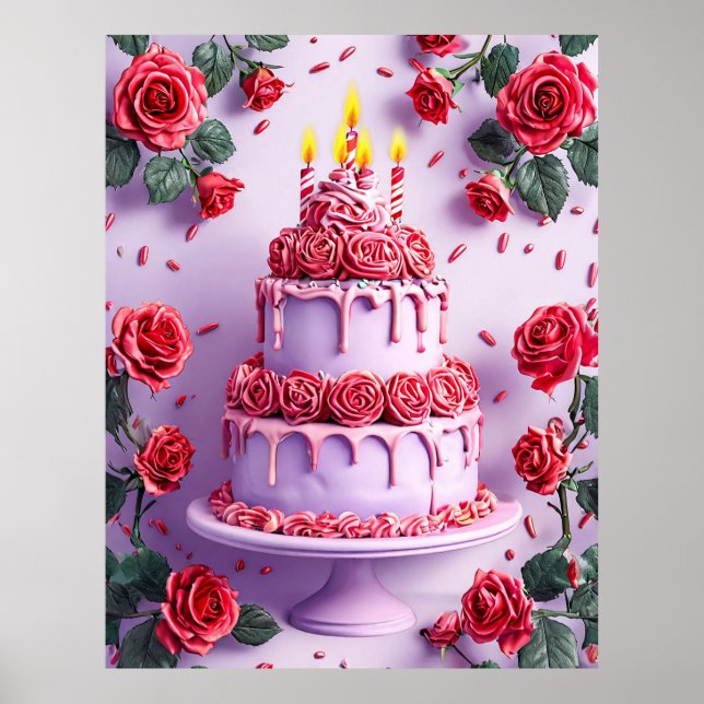 Póster Celebración de cumpleaños con pastel iluminado con (Frente)