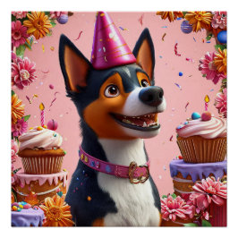 Póster Celebración de cumpleaños con perro feliz