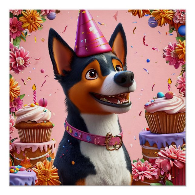 Póster Celebración de cumpleaños con perro feliz (Anverso)