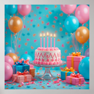 Póster Celebración de Cumpleaños con Torta Iluminada por 