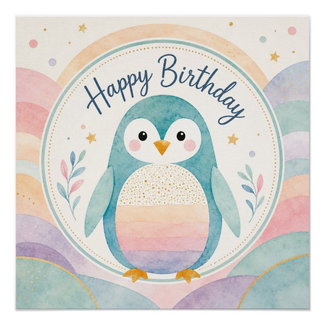 Póster Celebración de Cumpleaños Pingüino Pastel Arcoíris (Anverso)