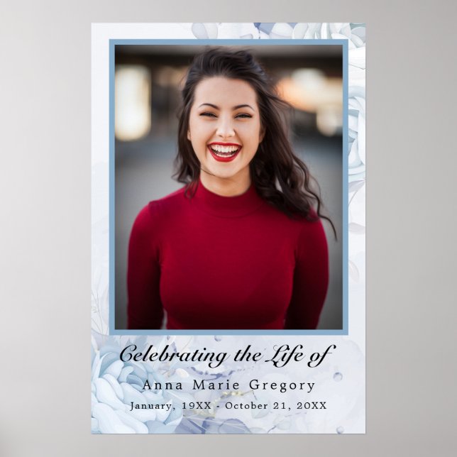 Póster Celebración de la Vida Azul Foto Elegante Floral (Frente)