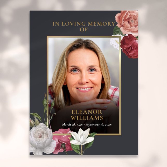 Póster Celebración de la vida con foto floral conmemorati (Funeral Memorial Floral Photo Celebration Of Life Poster)