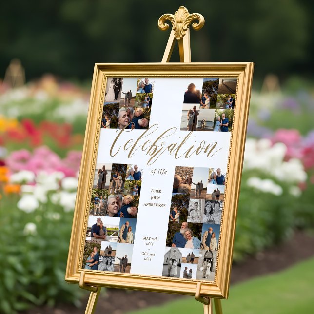 Póster Celebración de la Vida Cruz Colaje de Fotos Funera (Celebration of Life Cross Photo Collage Funeral Poster)